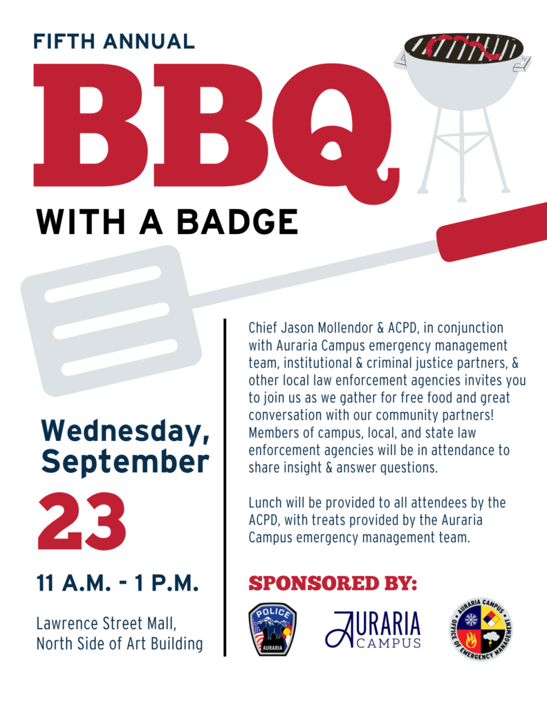 The fifth annual BBQ with a badge will take place Wednesday, September 23, from 11 a.m. to 1 p.m. on the Lawrence Street Mall