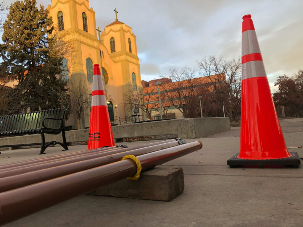 Campus Safety - Angled view of safety cones in front of a building