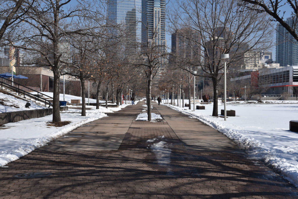 Campus Safety - Tree-lined pathway in wintertime with cityscape backdrop